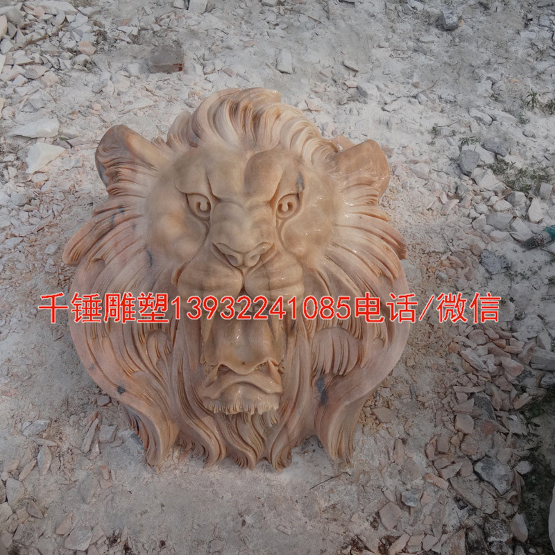 大理石晚霞红狮子头壁挂喷水景观石雕艺术品摆件定制