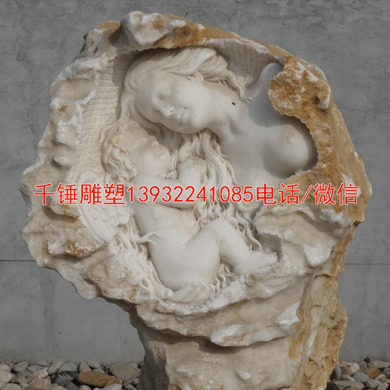 天然石材汉白玉母子雕像摆件，曲阳雕刻