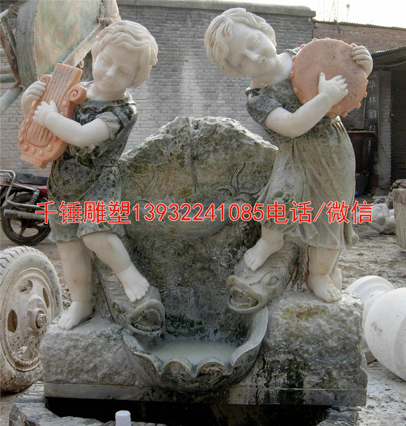 石材拼接小孩雕刻璧盆，流水摆件